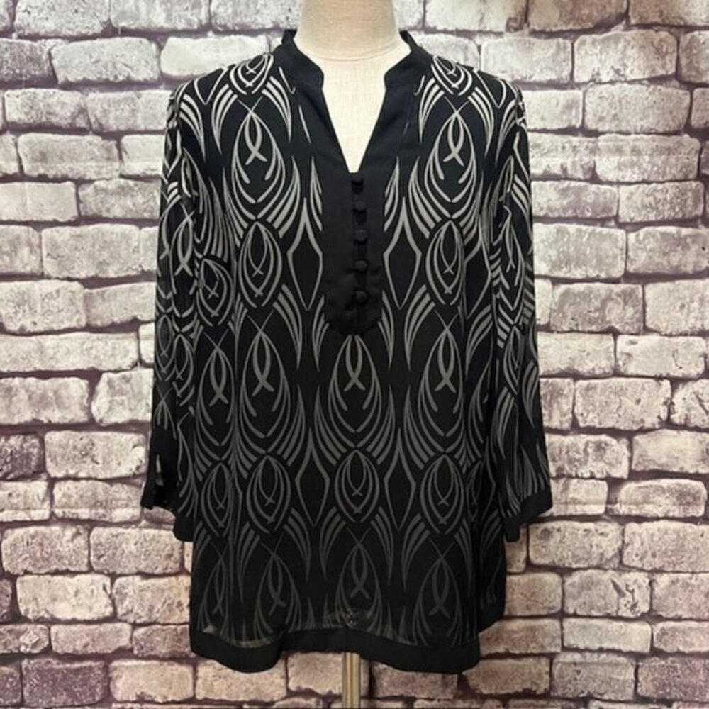 JM Collection Black, White & Gray V-Neck Blouse Size 14